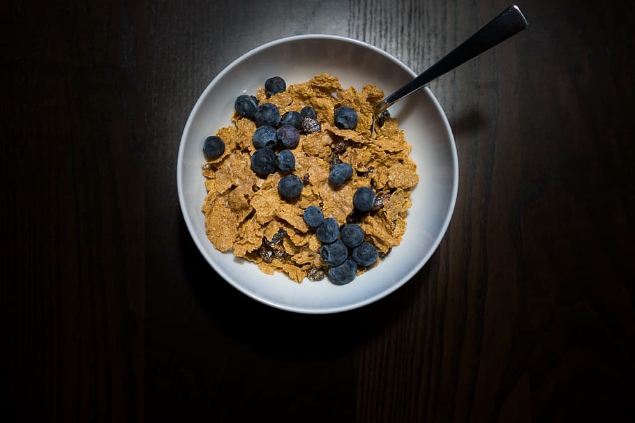 cereals, blueberries, white, ceramic, bowl, spoon, brown, surface, cereal, blue