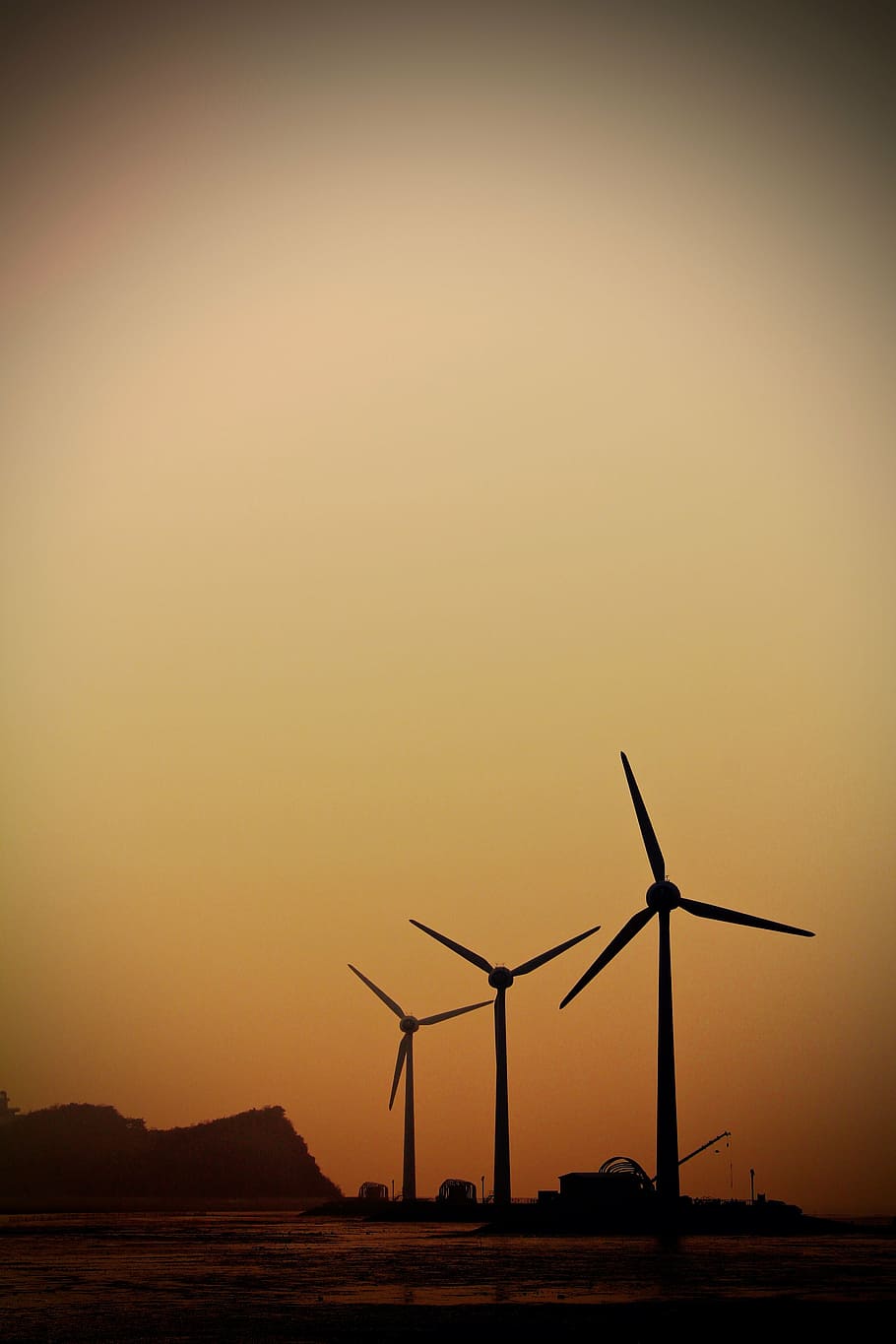 Daebudo, molino de viento, resplandor, puesta de sol, en la noche, otoño, cielo, paisaje, resplandor rural, turbina