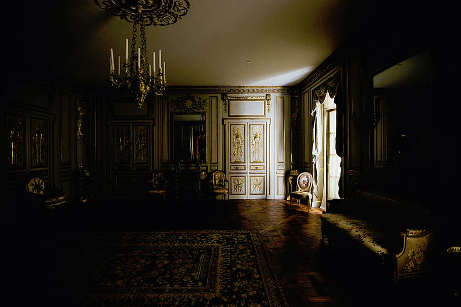 brown, uplight chandelier, white, ceiling, interior, house, apartment, dim, carpet, gold
