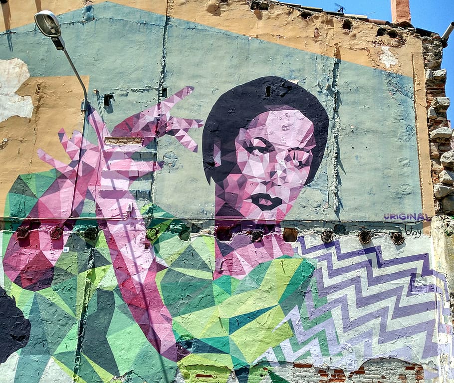 女性, 作る, ハンドサインウォールアート, 壁, ストリートアート, 塗装, 見る, 貧しい, 写真, 移民