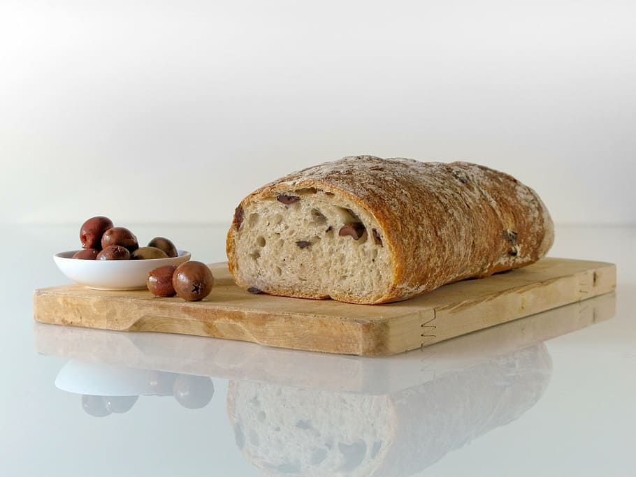 glazed, bread, brown, wooden, chopping, board, food, olives, mediterranean, bakery