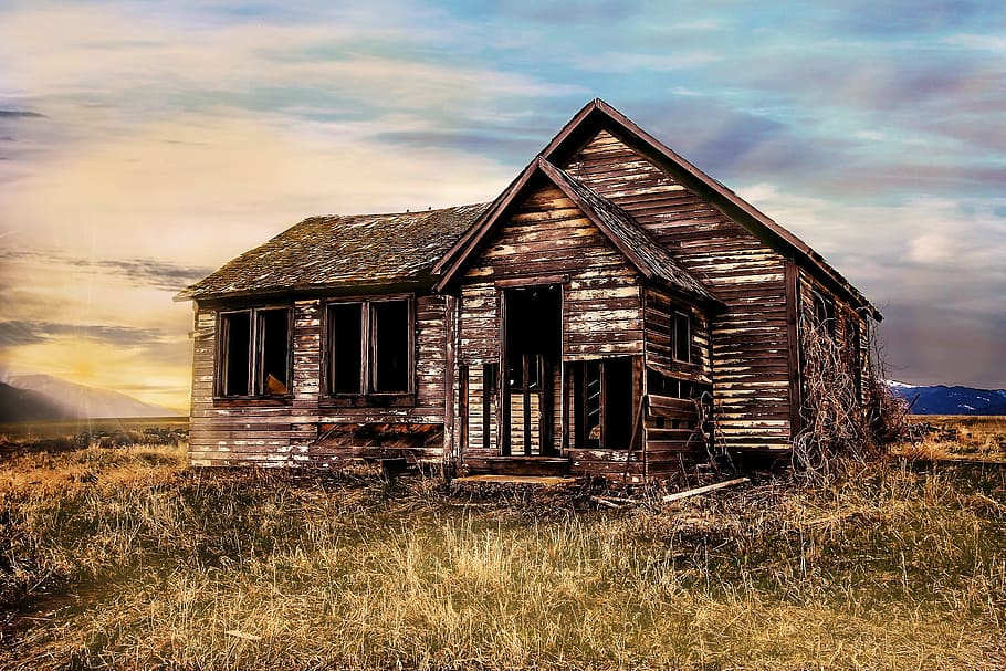 painting, cabin house, old farmhouse, decay, farmhouse, old, lapsed, building, leave, wooden construction