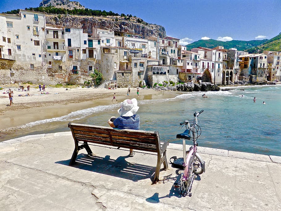brown wooden bench, cefalu, seaside, solo, sicily, vista, outlook, calm, female, view