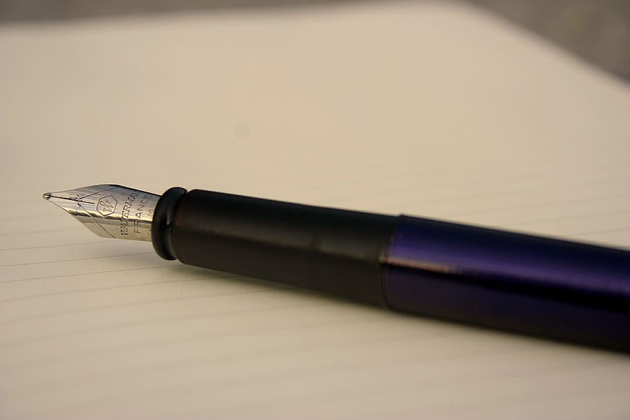 superficial, fotografía de enfoque, negro, púrpura, cuaderno, para escribir, bolígrafo, negocios, pluma estilográfica, instrumento de escritura