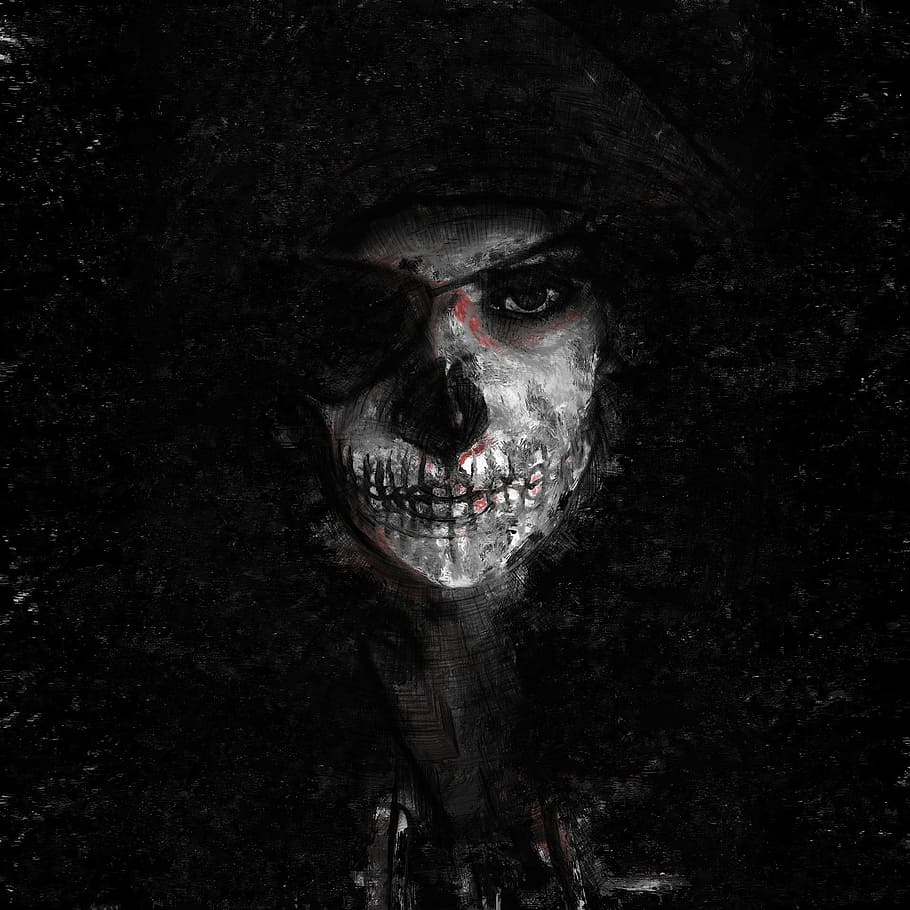 cráneo, pintura de parche en el ojo, cara, pintura, oscuro, muerte, de miedo, máscara, dibujar, zombie