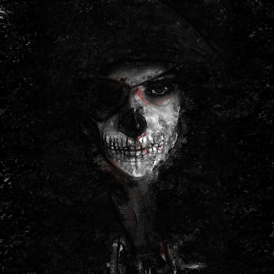 skull, eye patch painting, face, painting, paint, dark, death, scary