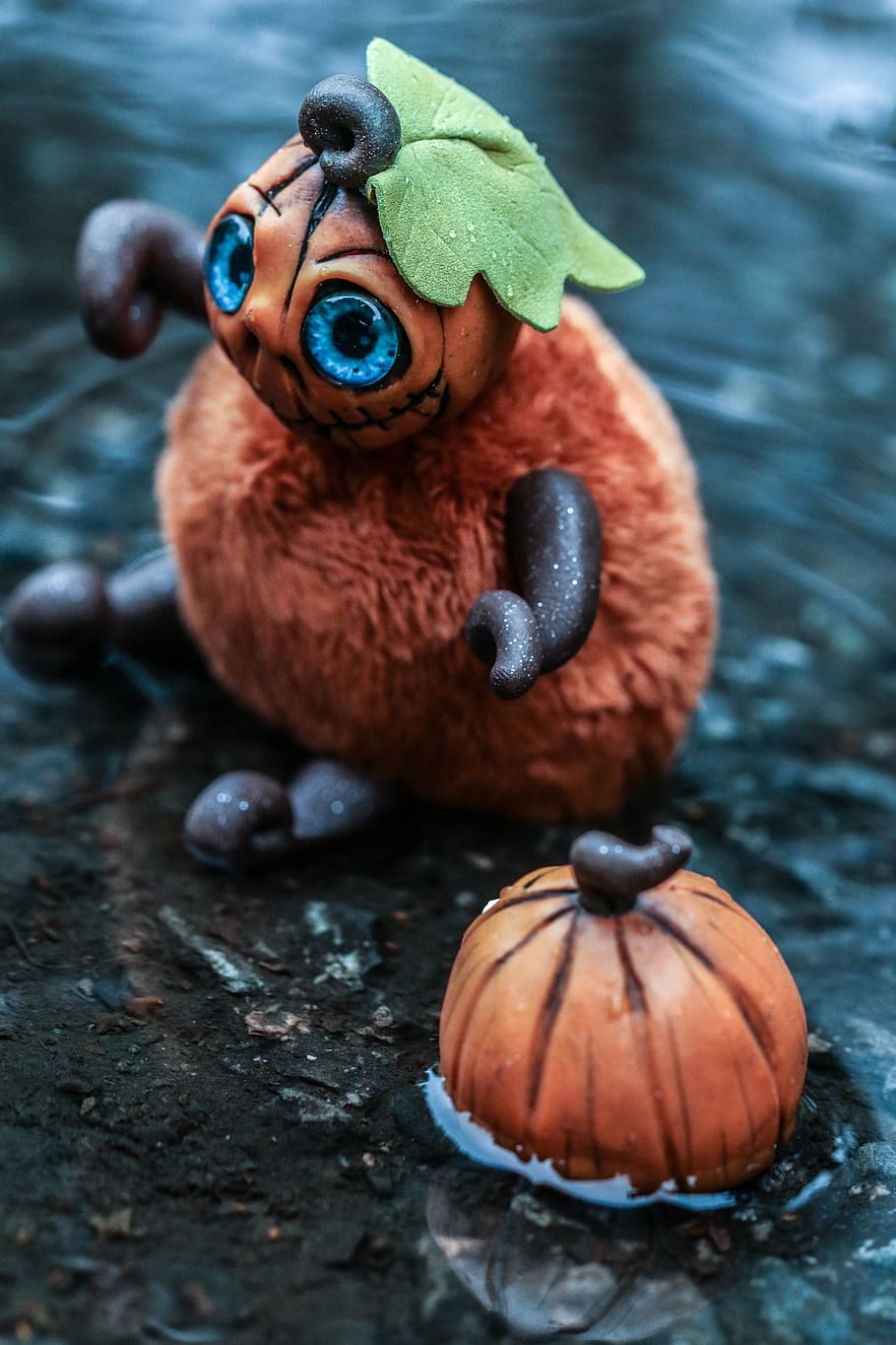 toy, figure, pumpkin, autumn, small, puddle, rain, close-up, food and drink, focus on foreground