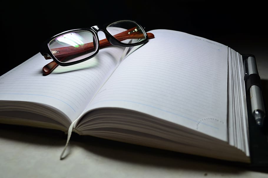 eyeglasses on notebook, notebook, glasses, lenses, focus, pen, negotiations, businessman, work, style