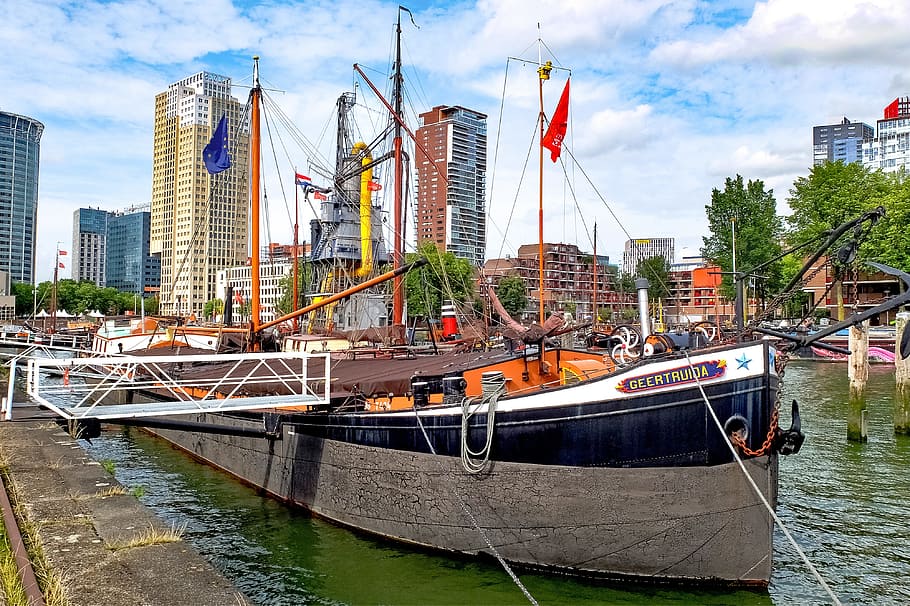 はしけ, 屋形船, ボート, 船, 港, ロッテルダム, オランダ, ヨーロッパ, 建物外観, 建築