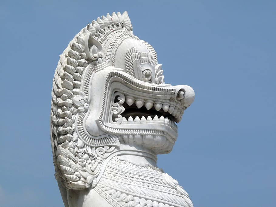 white, lion dragon statue, temple guardian, thailand, lion, sculpture, dragon, dragon's head, representation, animal representation