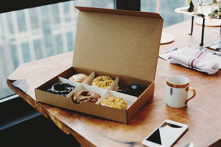 doughnut in box, food, doughnut, sweets, dessert, coffee, mobile, phone, table, food and drink