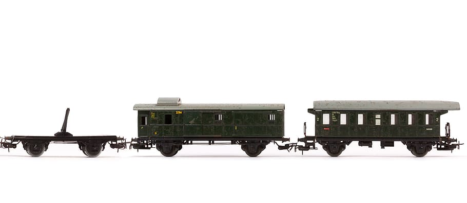 dua kereta mainan, kereta api, mainan, mobil kayu panjang, kereta penumpang, kereta barang, hadiah, hadiah natal, tua, antik
