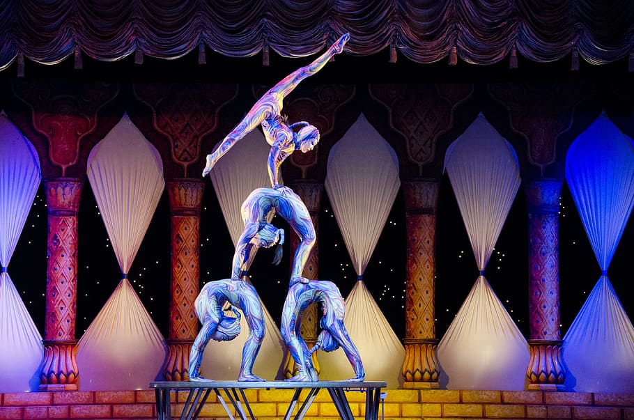 four, acrobats, performing, brown, wooden, bench, circus, contortion, tihany, architecture