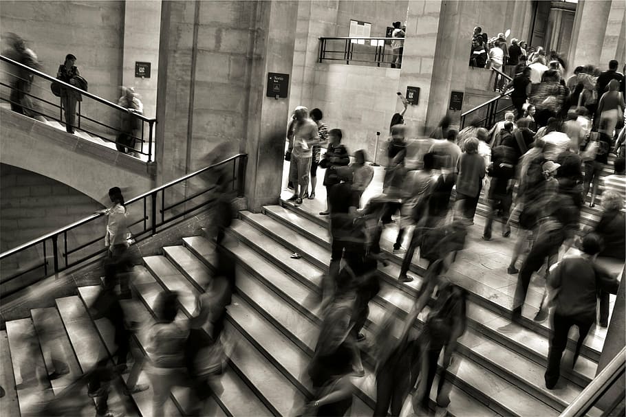 greyscale photo, people, walking, stairs, grayscale, staircase, crowded, steps, group, steps and staircases