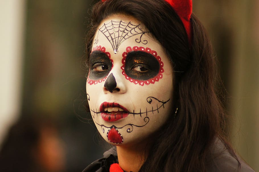 foto de close-up, mulher, tema de halloween, pintado, rosto, Personagens, Festividades, Armênia, Colômbia, pintura facial