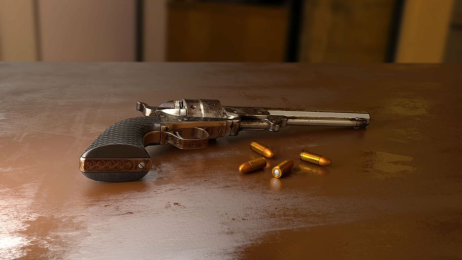 revólver plateado, madera, mesa, pistola, bala, disparar, arma, 3d, crimen, municiones