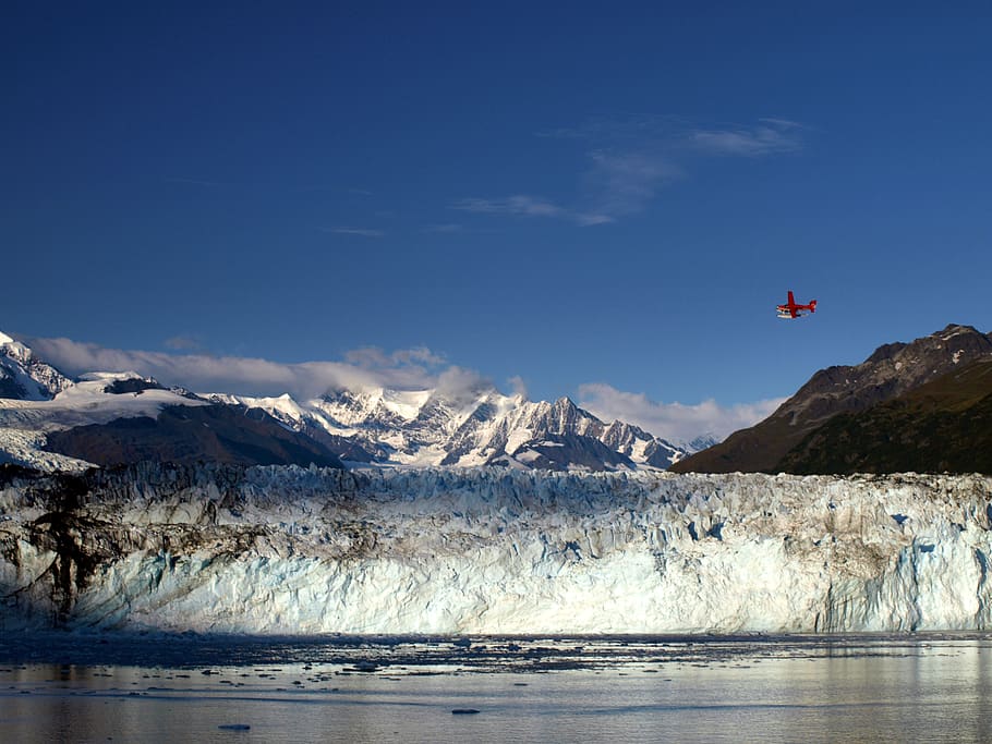 plane, flying, flight, small, sky, mountain, ice, water, landscape, exploring