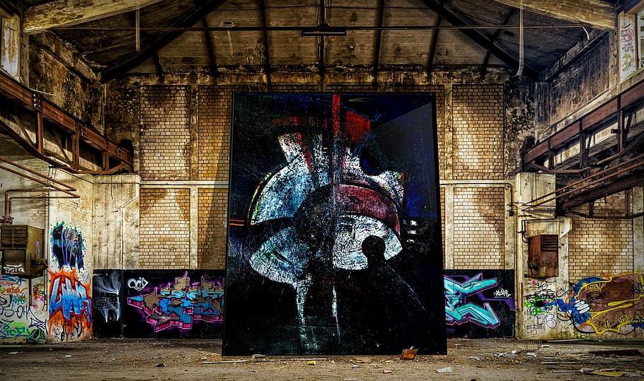 red, white, abstract, painting, universe, light birth, lost places, factory building, ruin, lost place