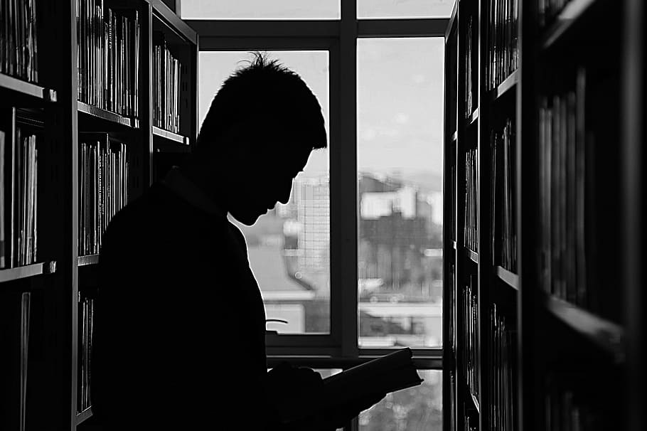 silhouette, man reading book, library, window panes, beijing, black and white, people, read, profile, one man only