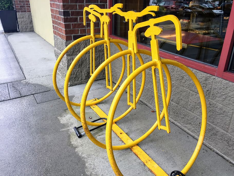 bike rack, bicycle, security, yellow, metal, lock, outside, lake forest park, washington state, transportation