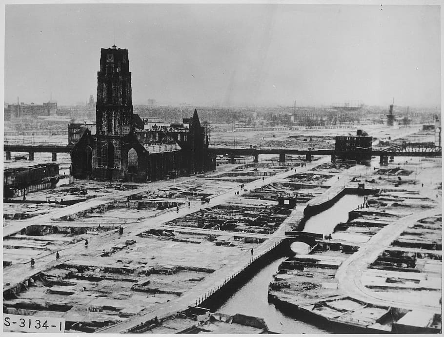 pemboman, Rotterdam, Perang Dunia 2, Belanda, penghancuran, foto, domain publik, vintage, perang, ww2