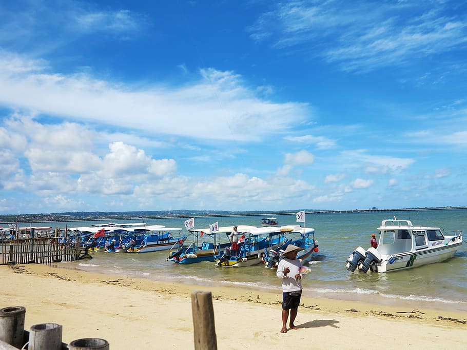beach, speed boat, bali, blue sky and white clouds, sea, water, sky, land, sand, cloud - sky
