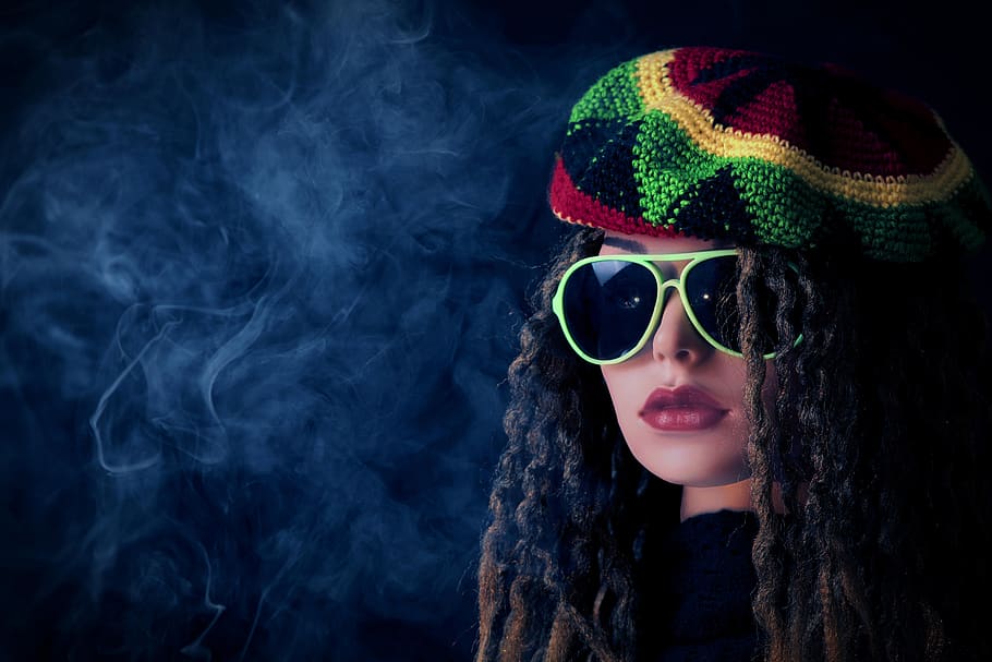 woman, smoke pot, smoking, drugs, smoke, stoner, rasta lure, cap, sunglasses, colorful