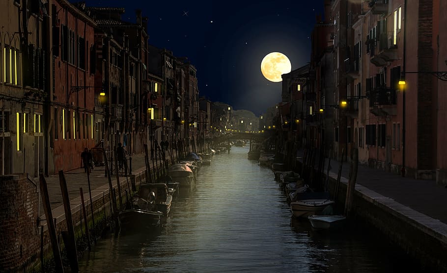 grand, canal, venice, night, channel, holiday, romantic, light, moon, image overlay