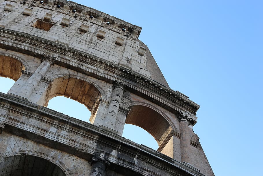 콜로세움, 로마, 이탈리아, 역사, 건축, 건축물, 낮은 각도보기, 아치, 과거, 하늘