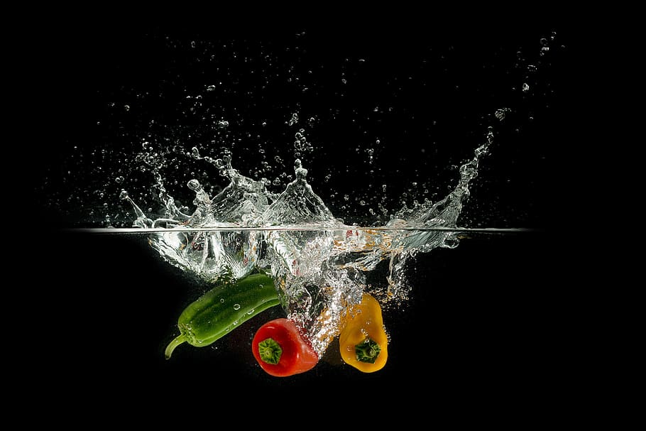 three, assorted-color bell peppers, dropped, body, water, paprika, food, water splashes, green, yellow