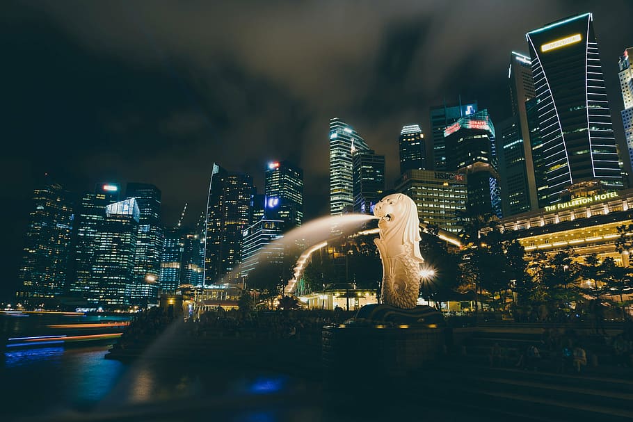 león singapur, arquitectura, edificios, infraestructura, noche, luces, cielo, rascacielos, torre, ciudad