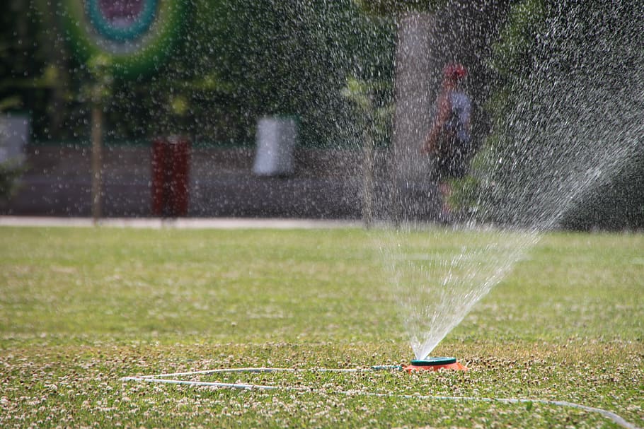 water sprinkler, field, daytime, city, garden, grass, green, heat, spraying, sprinkler