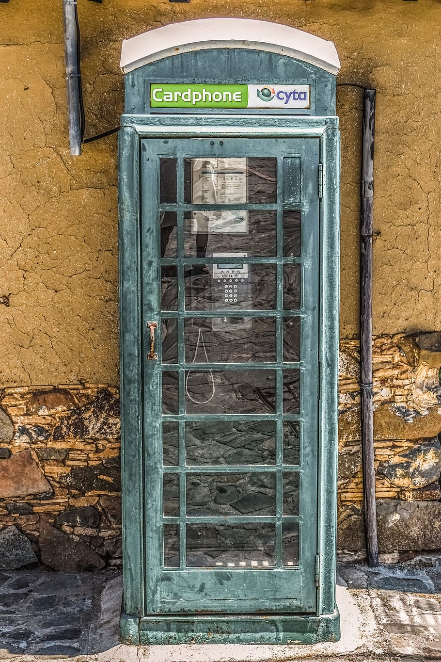 phone booth, green, street, village, public, retro phone, telephone box, vintage, fikardou, cyprus