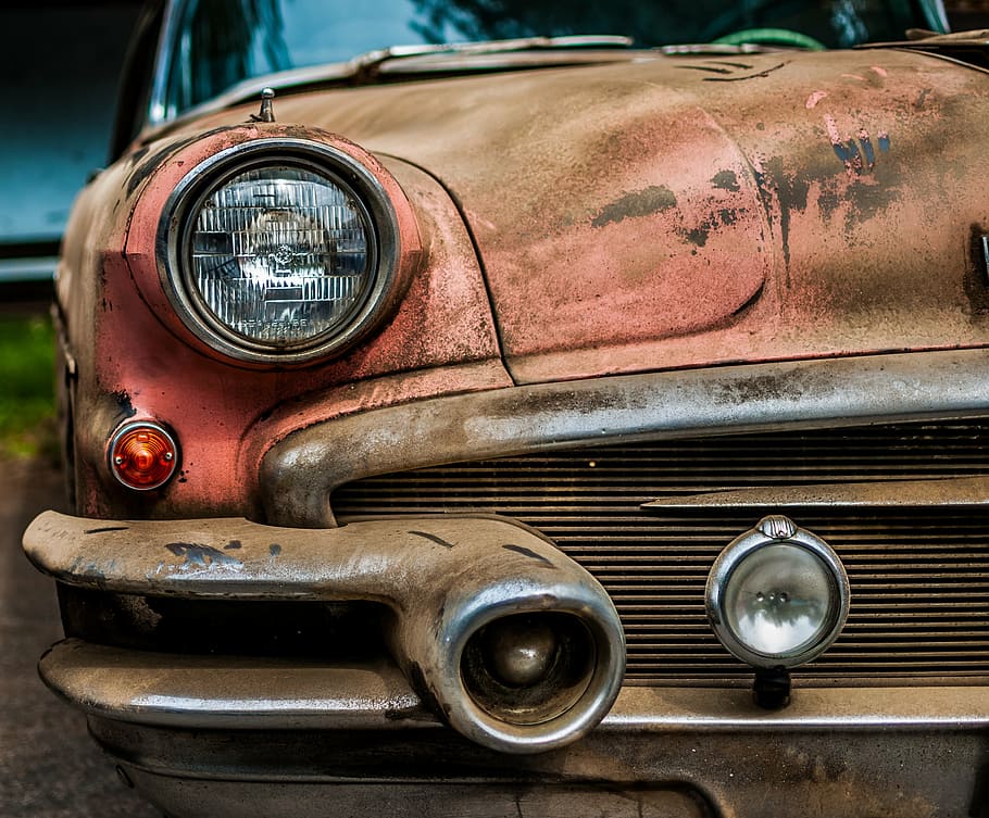 close-up photo, pink, brown, rustic, vehicle, car, transportation, adventure, dirty, old