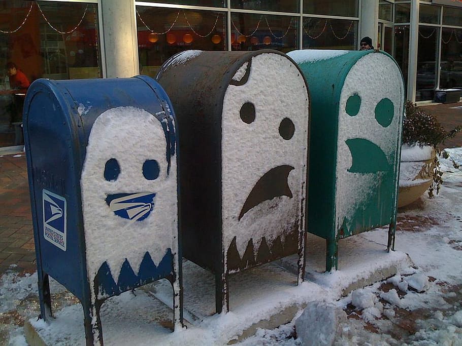 three, assorted-color mailboxes, snow face arts, daytime, Mailbox, Mail Box, Mail, Box, Snow, mail, box