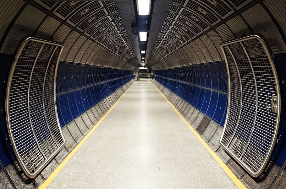 blue, grey, tunnel, daytime, corridor, underground, subway, tube, london, hall
