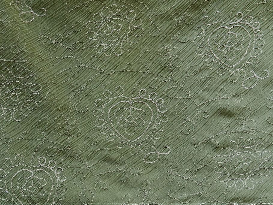 Embroidery, Embroidered, Fabric, Cloth, swatch, design, pattern, swirls, olive green, texture