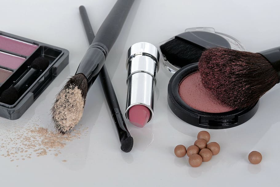 assorted-brand cosmetic products, cosmetics, eye shadow, rouge, brush, lipstick, make up, beauty, reddish, cheeks