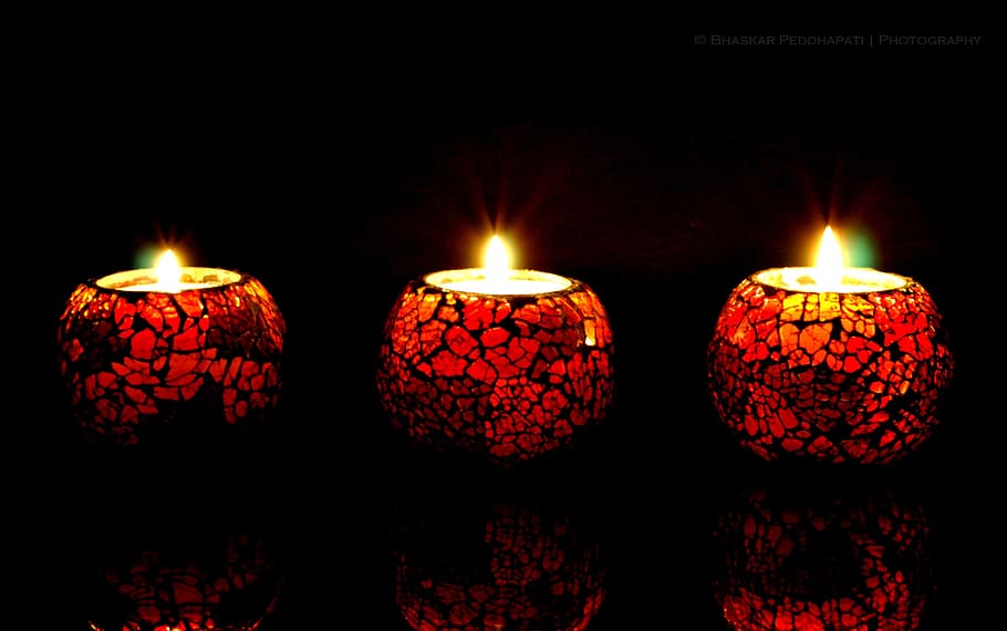 three, lighted, tealight candles, candle, light, red, night, candles, romantic, burning