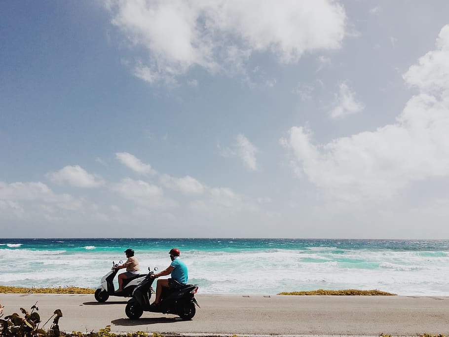 motorcycle, men, guys, sea, waves, nature, clouds, sky, road, adventure