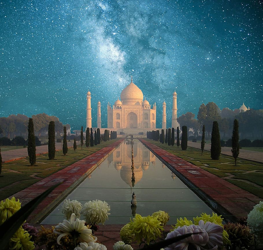 white mosque, Taj Mahal, Agra, India, Sun, Sunset, abendstimmung, setting sun, evening sky, afterglow