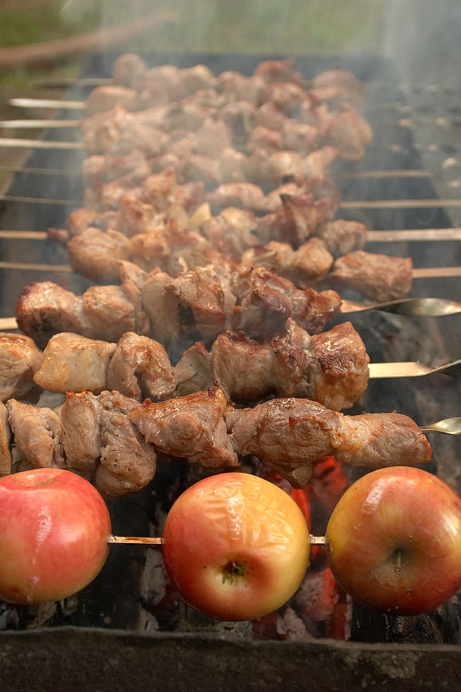 food, picnic, shish kebab, meat, mangal, fried meat, frying, coals, on the nature, summer