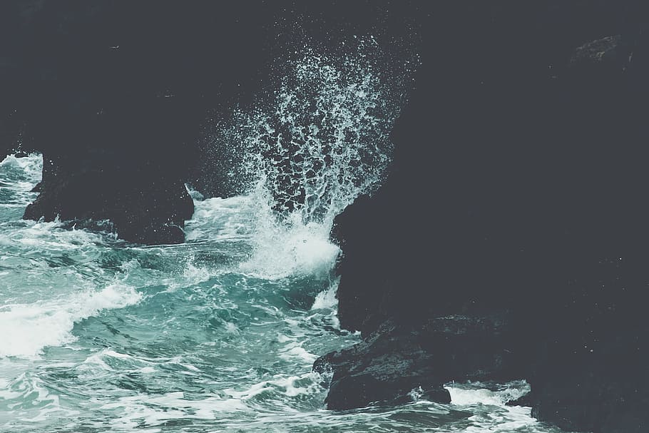 ocean wave, crashing, rock formation, nature, water, waves, ocean, blue, sea, splash
