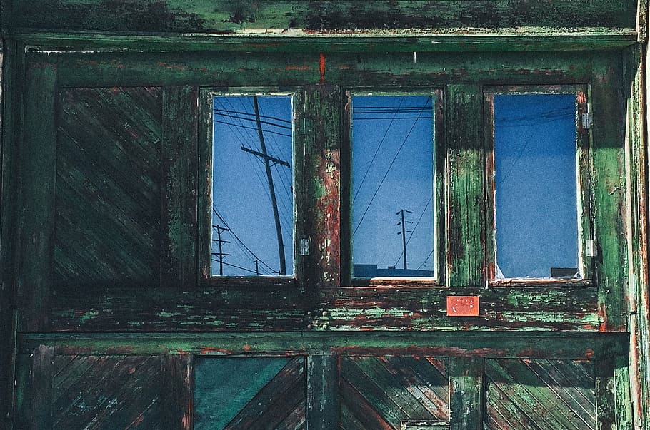 green wooden window, green, wooden, cabinet, mirror, wood, door, window, reflection, decay