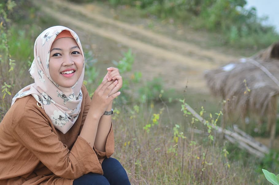 smiling, woman, sitting, field, Smile, Hijab, Muslim, Female, young, indonesian