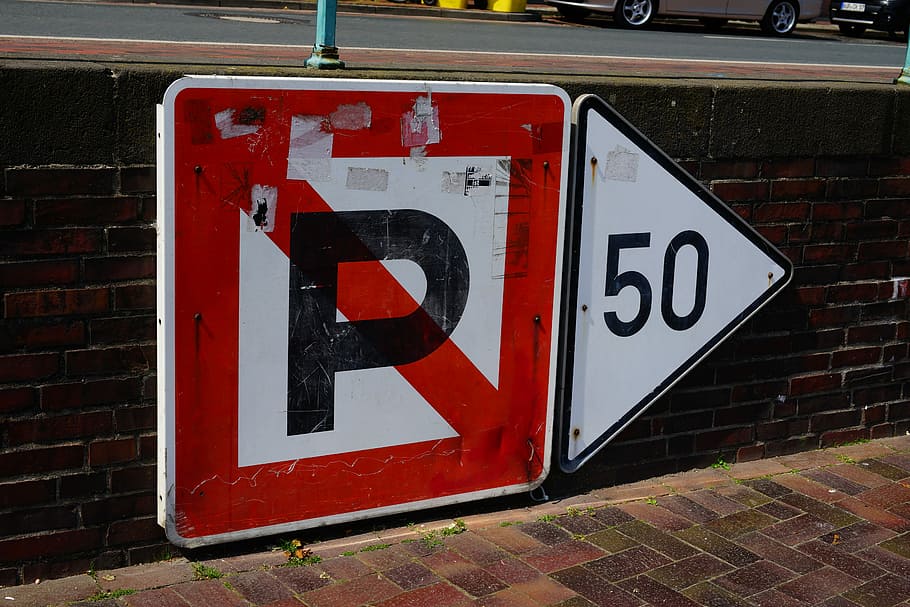 Estacionamiento, prohibido, señal de tráfico, estacionamiento prohibido, parque, nota, prohibición, letrero de la calle, escudo, área portuaria