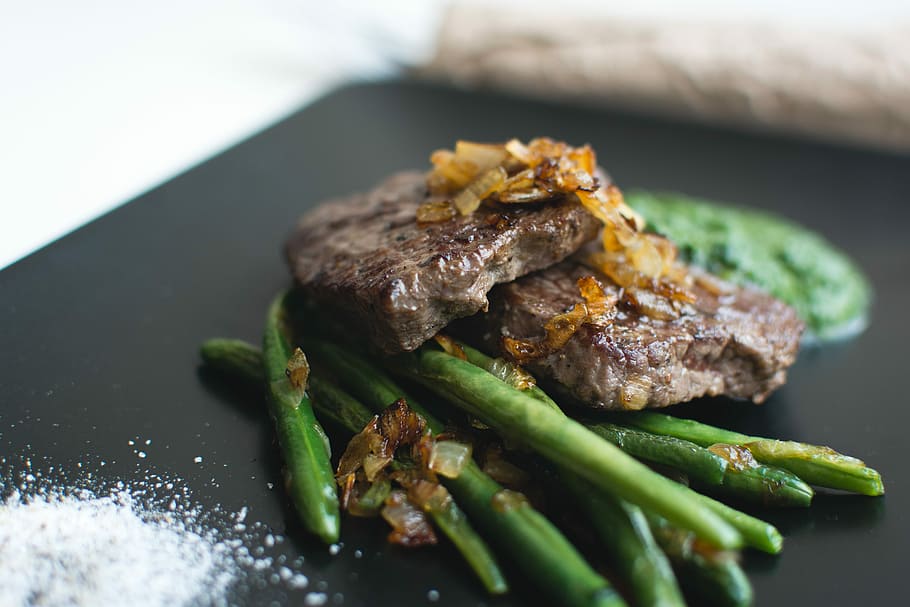 paleo steak, verde, feijão, espinafre, Paleo, bife, feijão verde, carne, saudável, comida