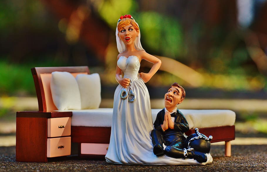 married, couple figurine, bed frame, selective, focus photography, bride and groom, handcuffs, anklet, wedding night, bed