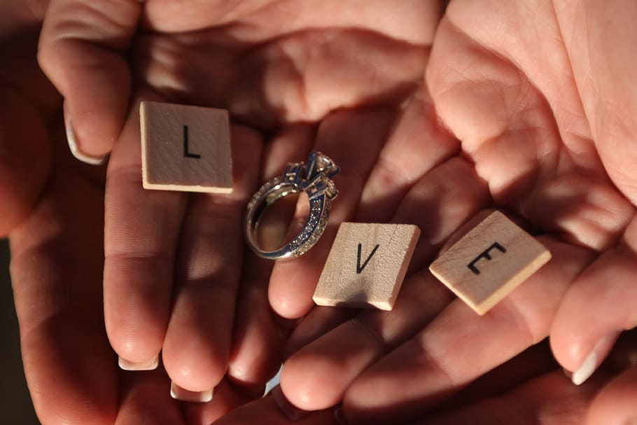 letter l, v, e scrabble tile, silver-colored diamond stud ring, form, love word, love, ring, romance, wedding