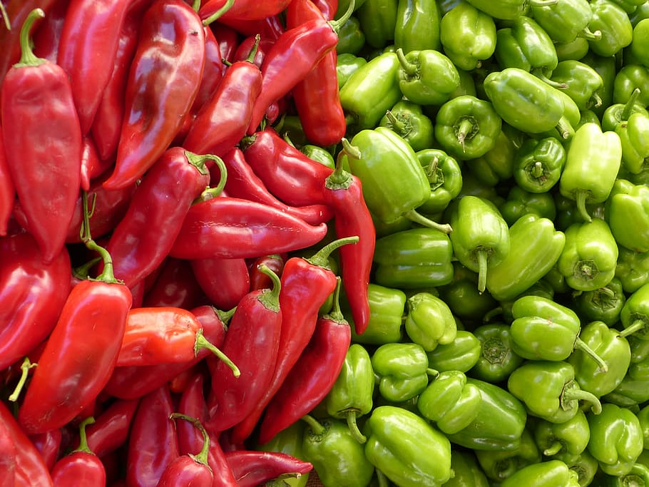 red, green, chili peppers, paprika, vegetables, red pepper, green peppers, sale, market, food